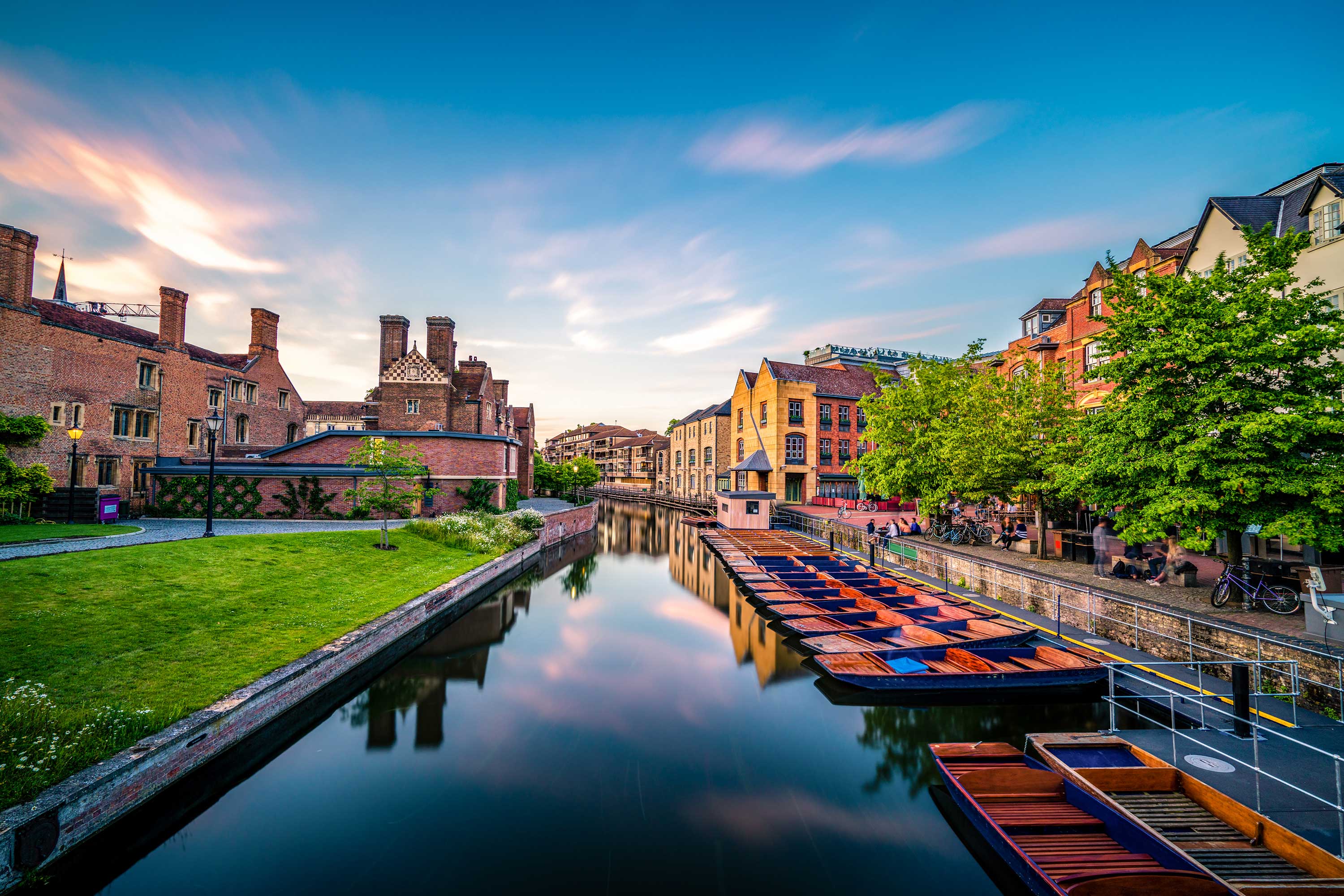 View down the Cam river with Quayside offices and colleges on either side