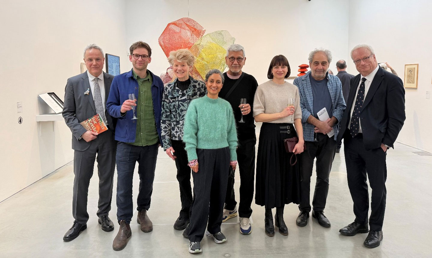 Exhibition artists at the opening of Artists for Kettle’s Yard. (Left to right) Kettle’s Yard Director Andrew Nairne, Jethro Buck, Jennifer Lee, Rana Begum, Sunil Gupta, Caroline Walker, Issam Kourbaj, and The Right Honourable Lord Chris Smith, Chancellor of the University of Cambridge Courtesy of Kettle’s Yard.