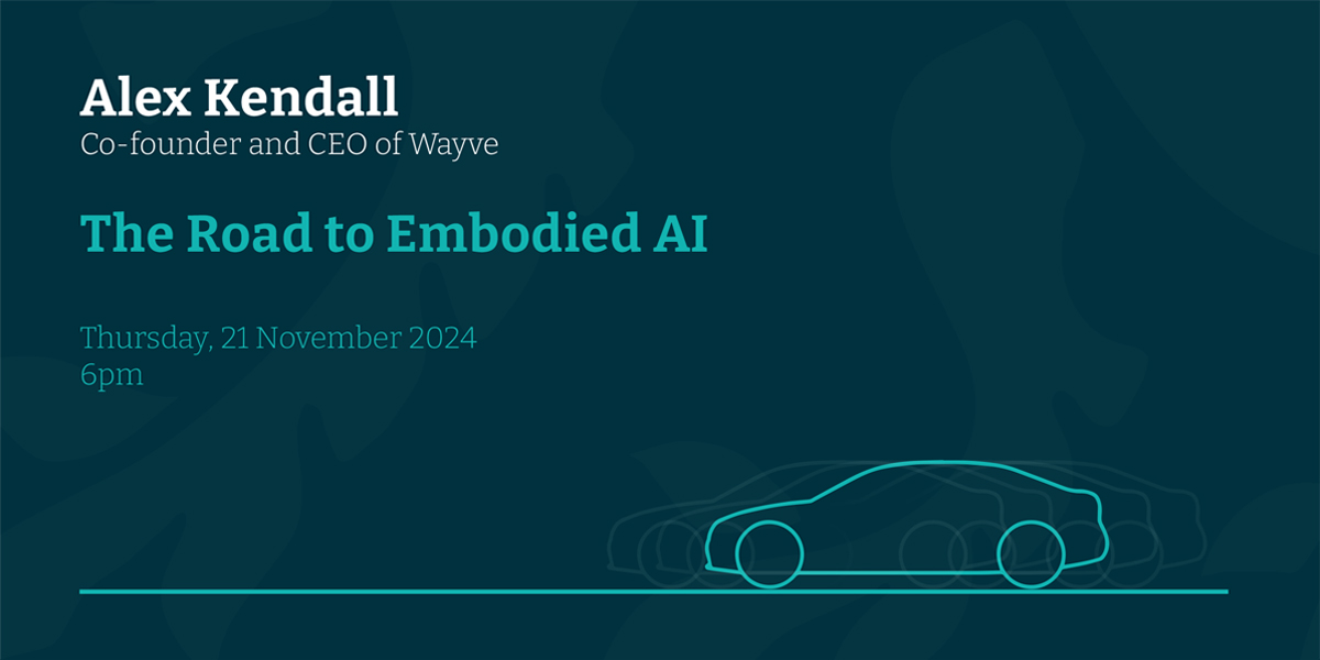 outline of car across bottom of image, text with speaker name, lecture title, date and time