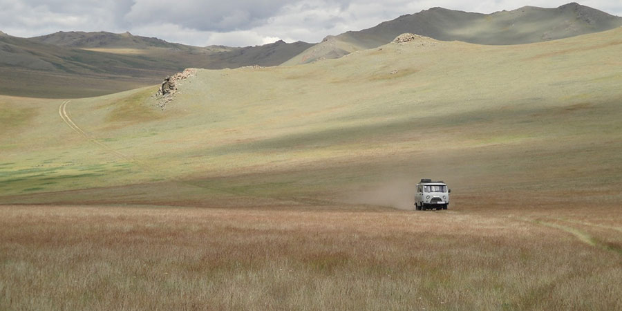 A van makes its way through a grassland landscape. Image courtesy of Professor Ulf Büntgen