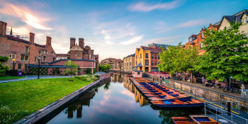 View down the Cam river with Quayside offices and colleges on either side