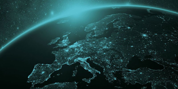 Stylised view of Europe from space with the sun coming over the horizon