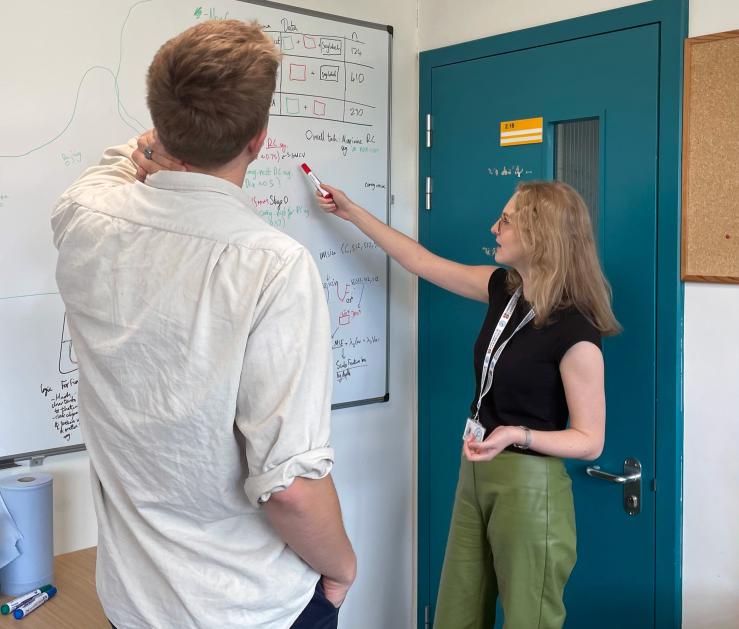 Hannah points towards a whiteboard showing complex work