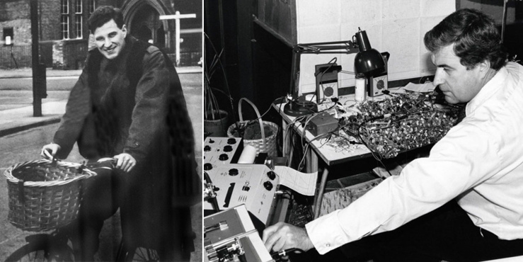 Photo on the left is a photo of a Ray Dolby in a Phd gown smiling and sitting on a bicycle with a basket in front, near an old b