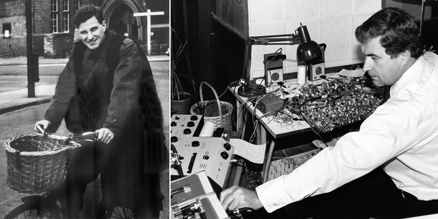 Photo on the left is a photo of a Ray Dolby in a Phd gown smiling and sitting on a bicycle with a basket in front, near an old brick building in Cambridge and a photo on the right of Ray Dolby seated at a desk working on an early computer at Bell Labs, surrounded by electronic equipment and large computing machinery