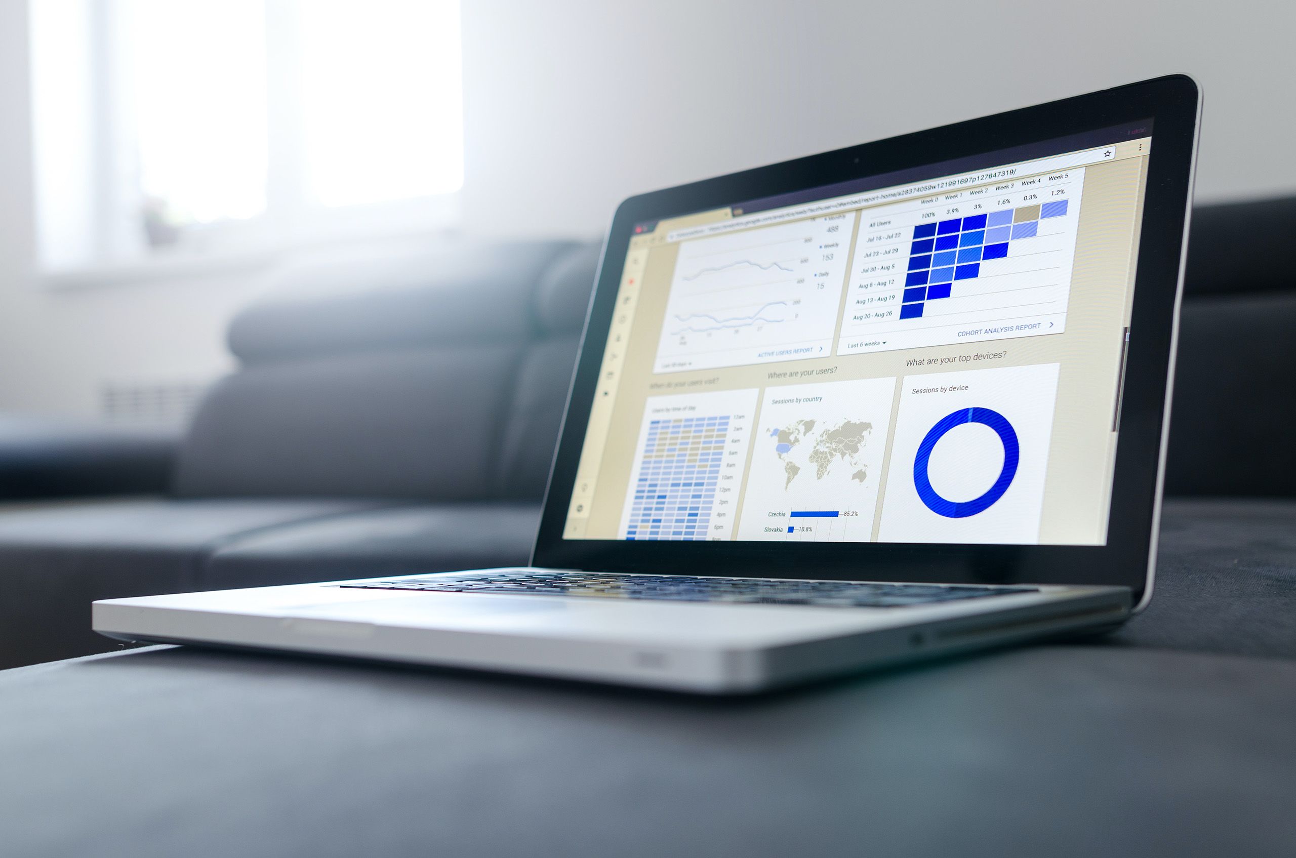 An open laptop displaying data charts sits on a grey sofa with a window in the background