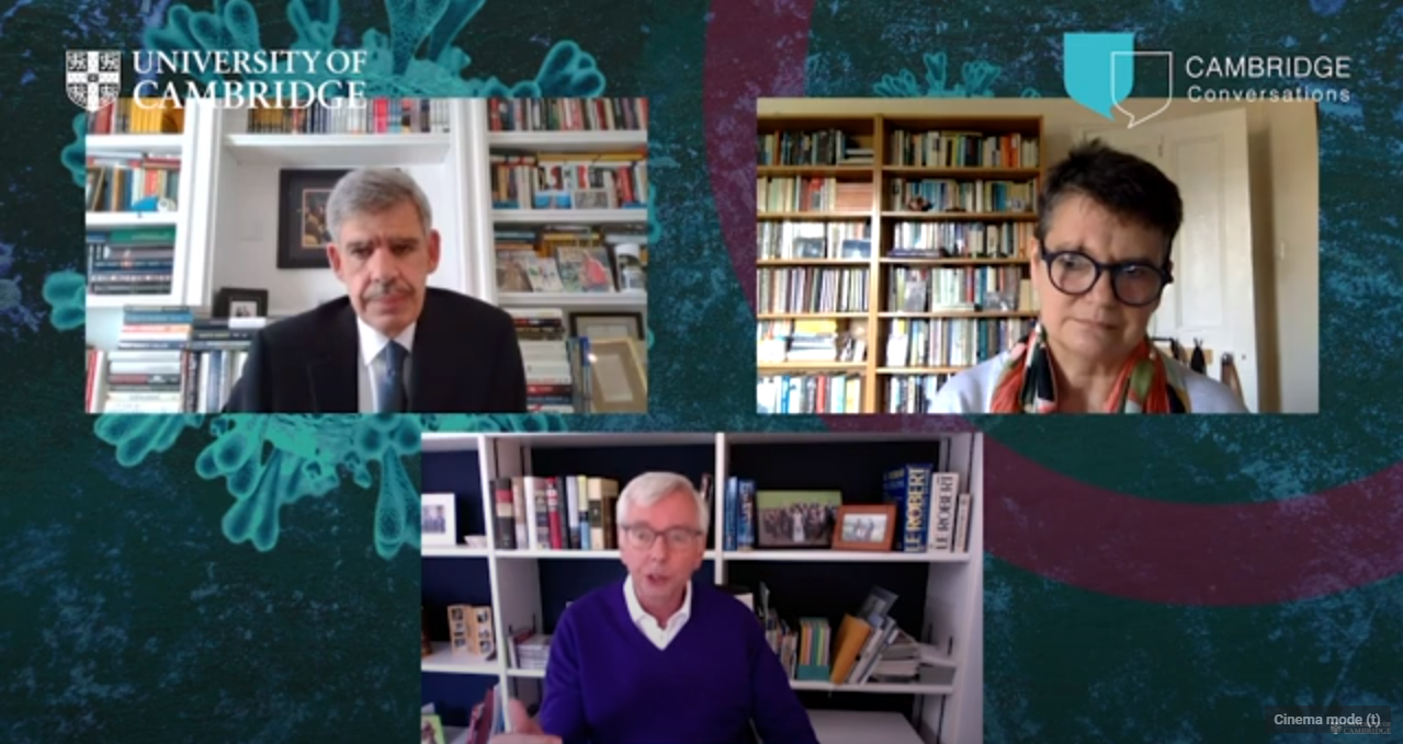 Dr Mohamed El-Erian, Professor Diane Coyle and Vice-Chancellor Professor Stephen Toope onscreen during a Cambridge Conversations webinar