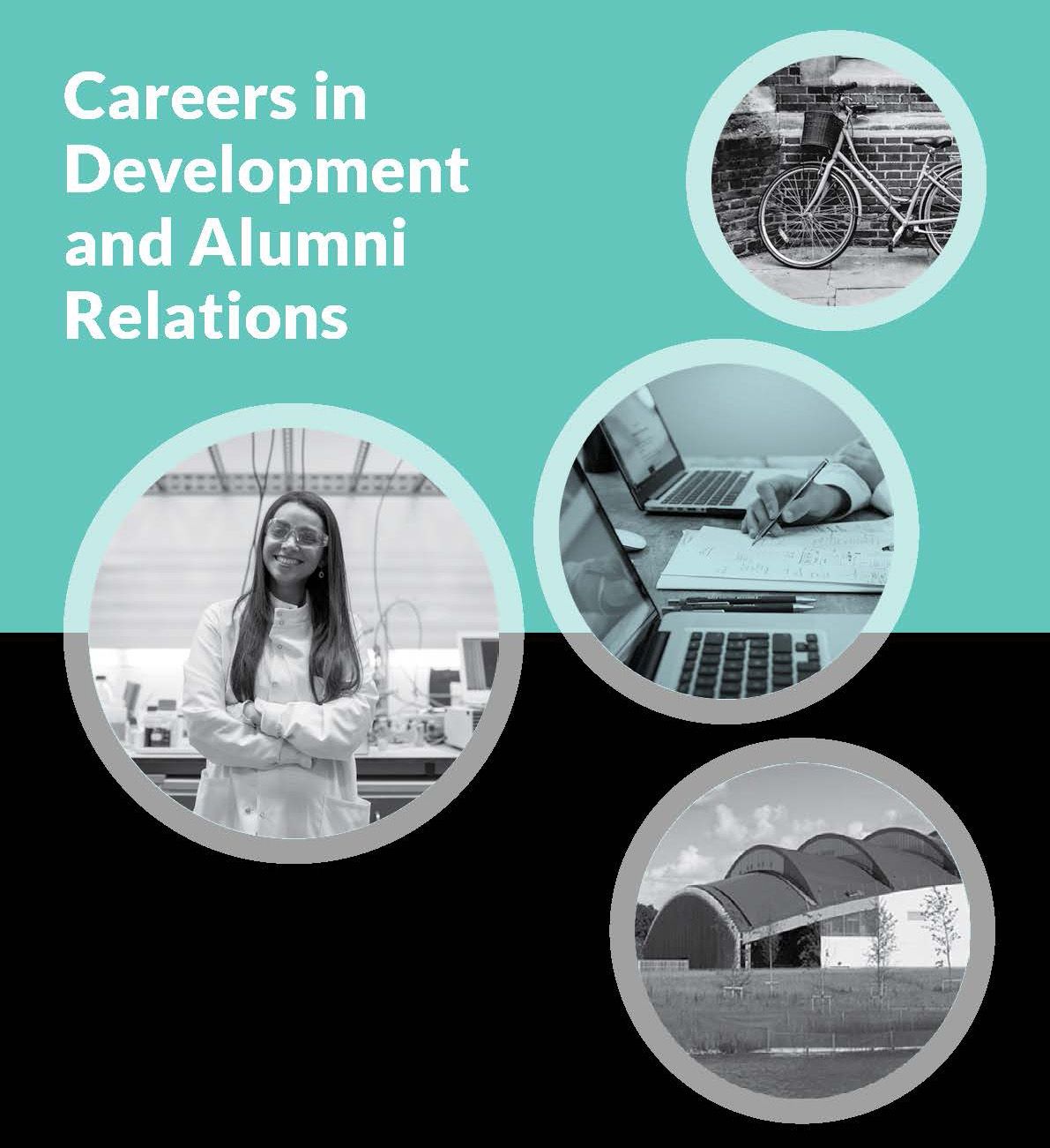 Images of person, computer and building across Cambridge. Text at top of image says Careers in Development and Alumni Relations
