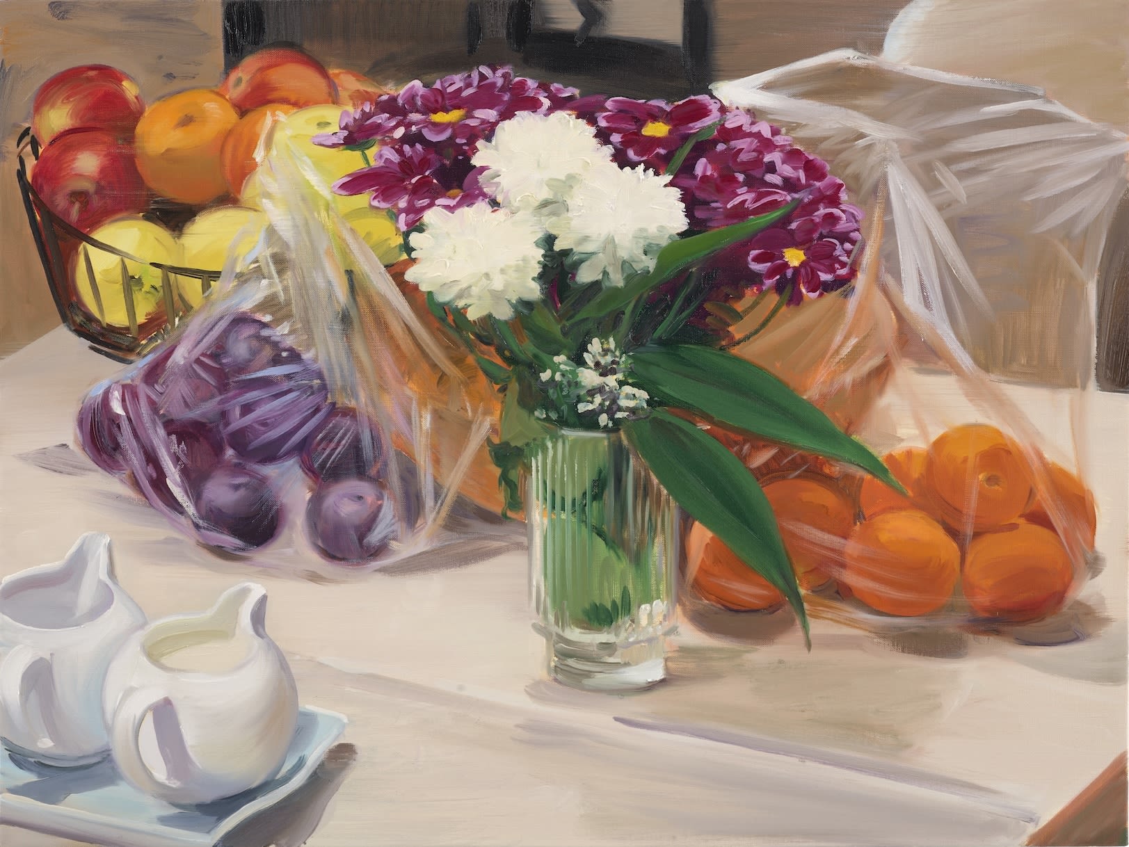 A colourful still life painting featuring a glass vase of white and deep pink flowers on a table, surrounded by bowls and bags of fruit, including oranges, apples, and plums.