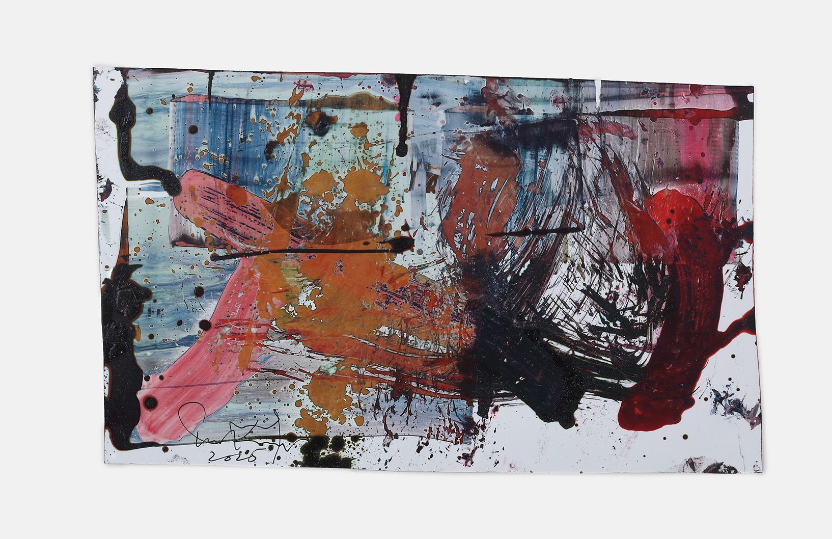 A dynamic abstract painting with sweeping strokes and splashes of black, red, orange, pink, and blue, layered with drips and textured marks on a white background.