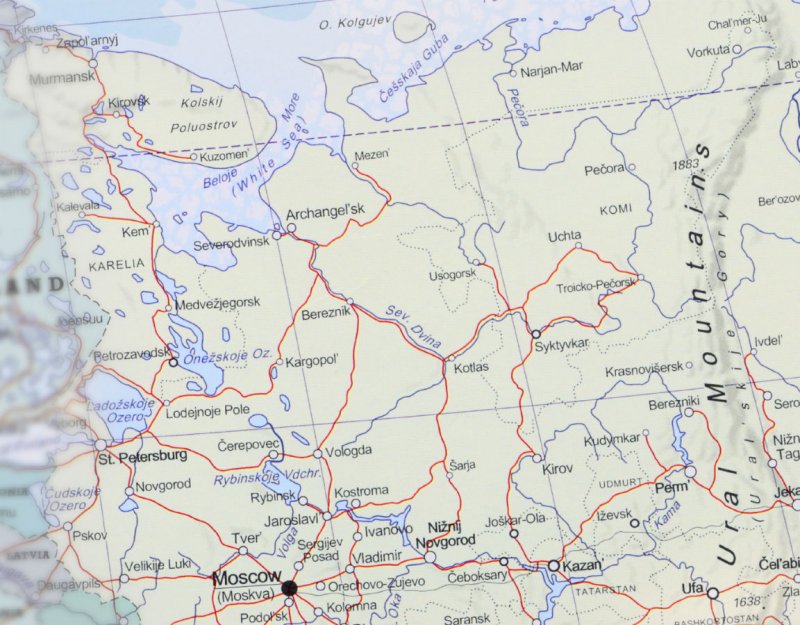 Close up of Russian Federation on a map