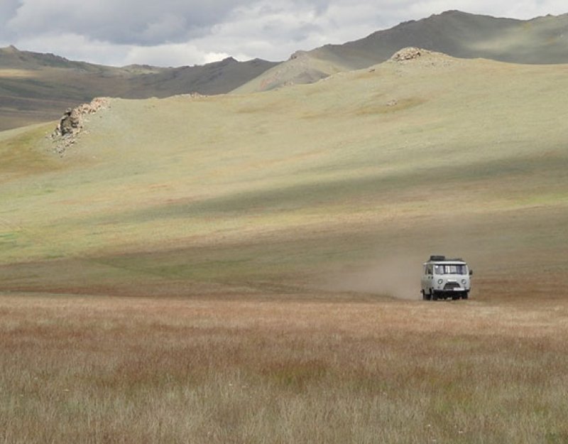 A van makes its way through a grassland landscape. Image courtesy of Professor Ulf Büntgen