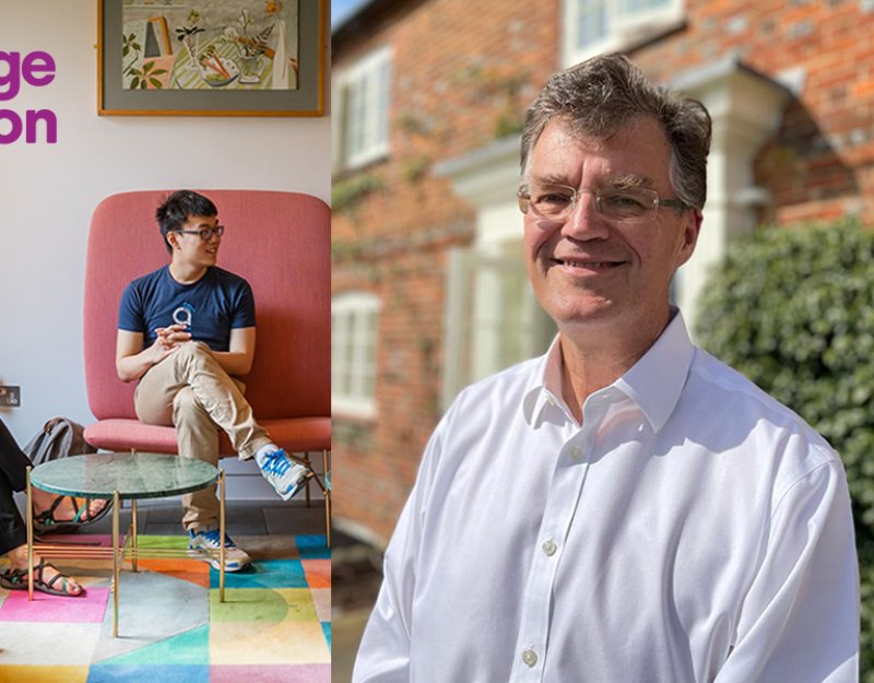 Left: Group of students sitting and talking with Cambridge Foundation Year logo overlaid. Right: Headshot of Ian Mason