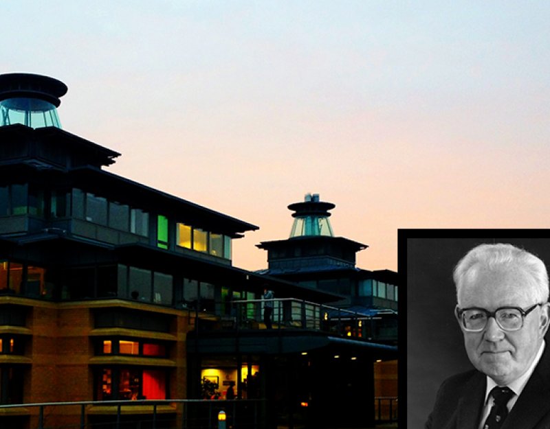 Centre for Mathematical Sciences building with, inset, a photograph of the late Professor Sir Sam Edwards