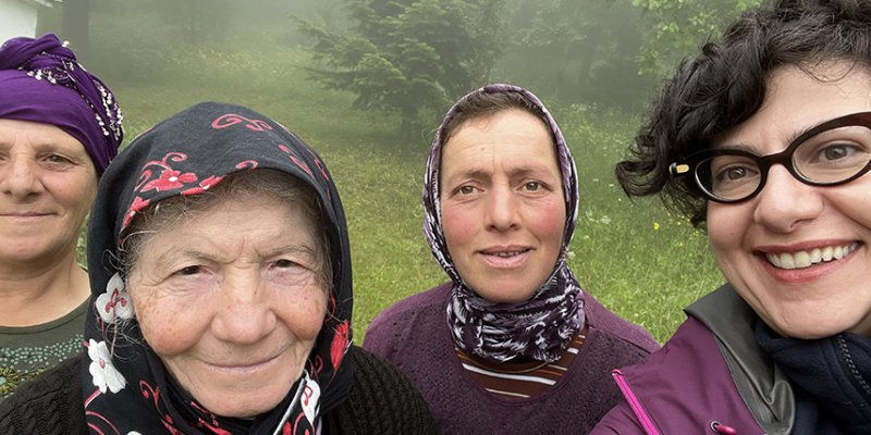 Professor Ioanna Sitaridou (right) with a 100 year-old Romeyka speaker in Turkey's Trabzon region.