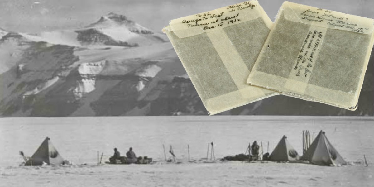 Image of camp under the Wild Mountains, Beardmore Glacier, 20 December 1911, overlaid with close up of two negative envelopes