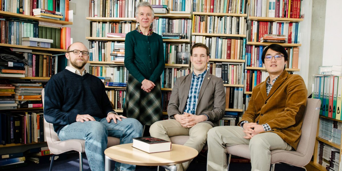 Seen left to right are: James Prothro, Professor Judith Lieu, Bobby Jamieson and Sookgoo Shin