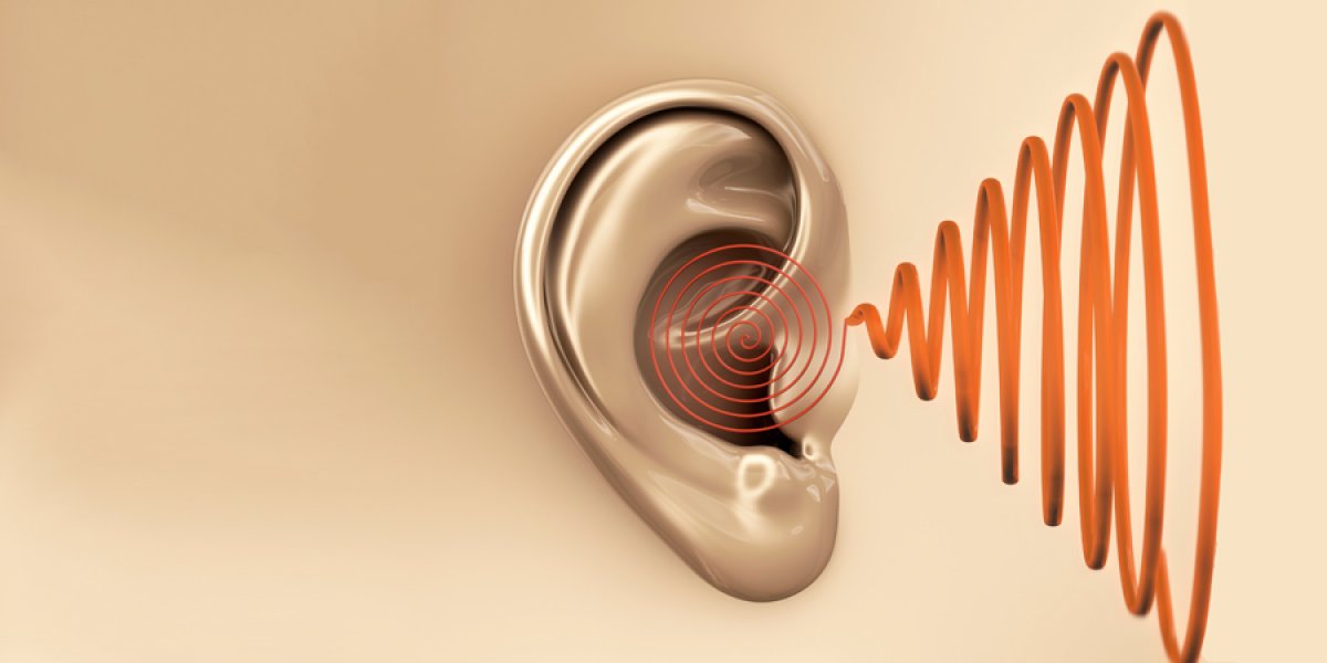 Graphic showing soundwaves reaching the ear