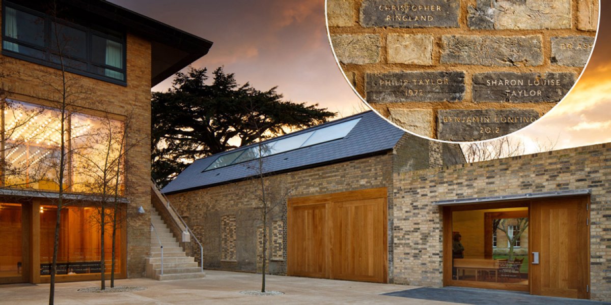 Heong Gallery at Downing College with, inset, donors' names inscribed on the Gallery's wall