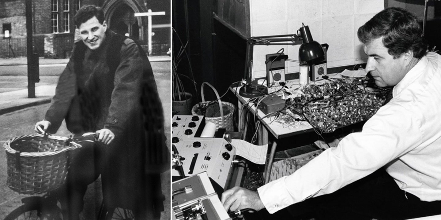 Ray Dolby as a PhD student in Cambridge in 1957 and in his London lab working on his invention called Dolby NR² Photo on the left is a photo of a Ray Dolby in a Phd gown smiling and sitting on a bicycle with a basket in front, near an old b